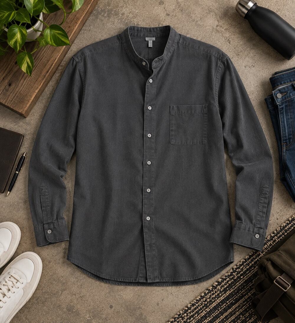 Van Heusen Men’s 18 34/35 Gray Pique Banded Collar Long Sleeve Shirt